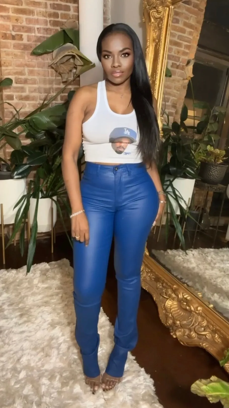Vegan Leather High Waist Stacked Pants - Blue