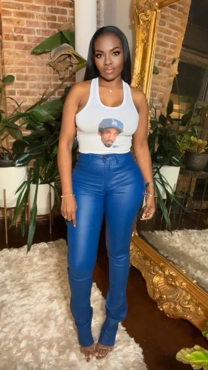 Vegan Leather High Waist Stacked Pants - Blue