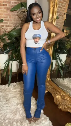 Vegan Leather High Waist Stacked Pants - Blue