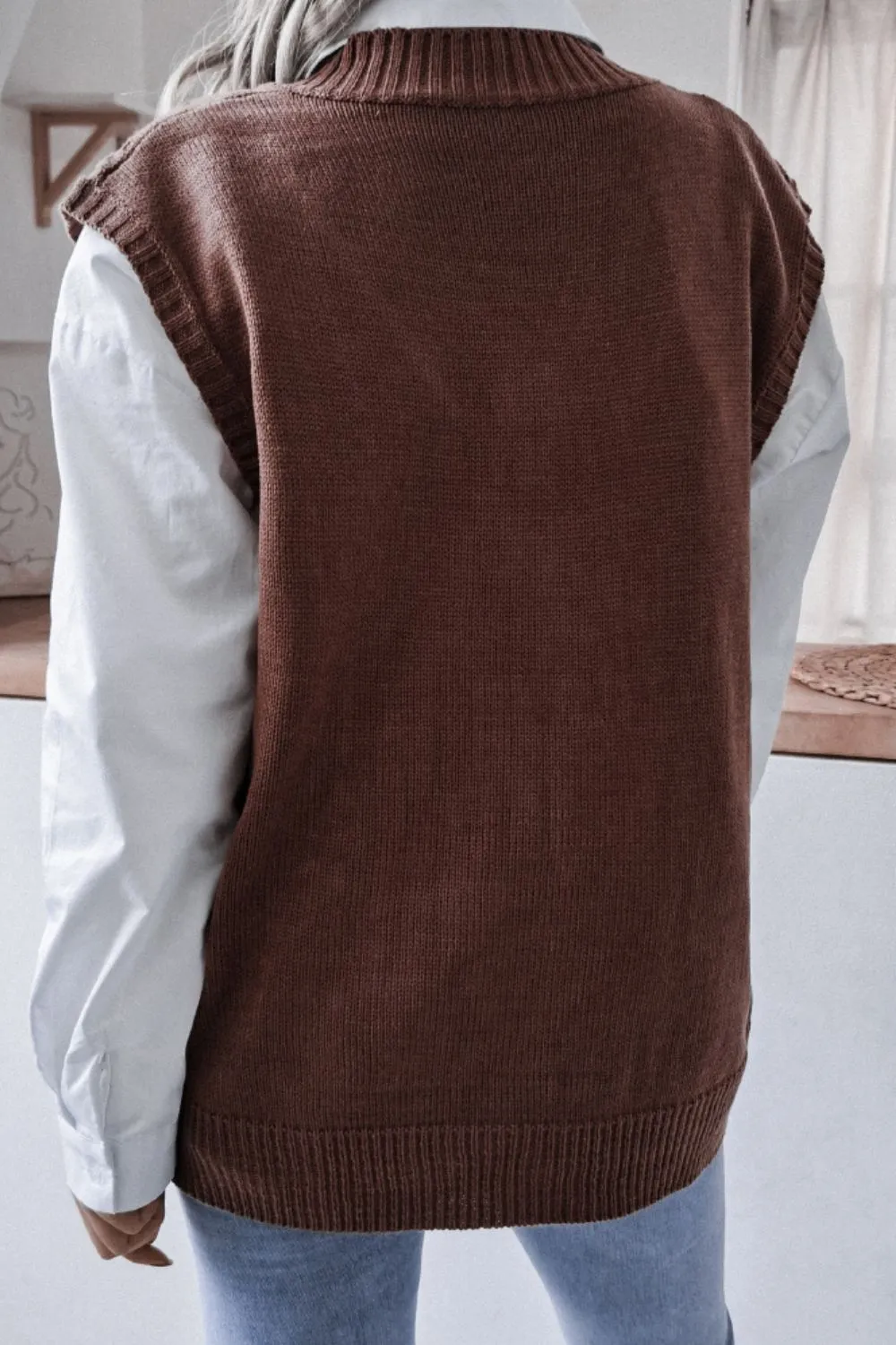 Women Cable-Knit Ribbed V-Neck Sweater Vest