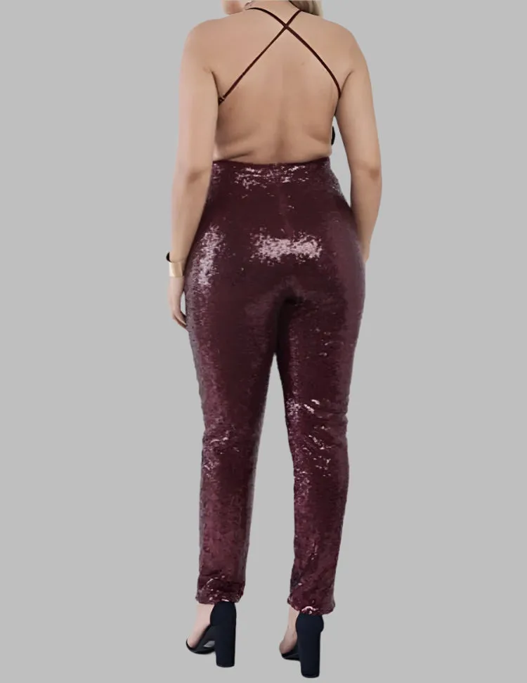 WOMEN "Glamorous Sequined Strapless Burgundy Jumpsuit"