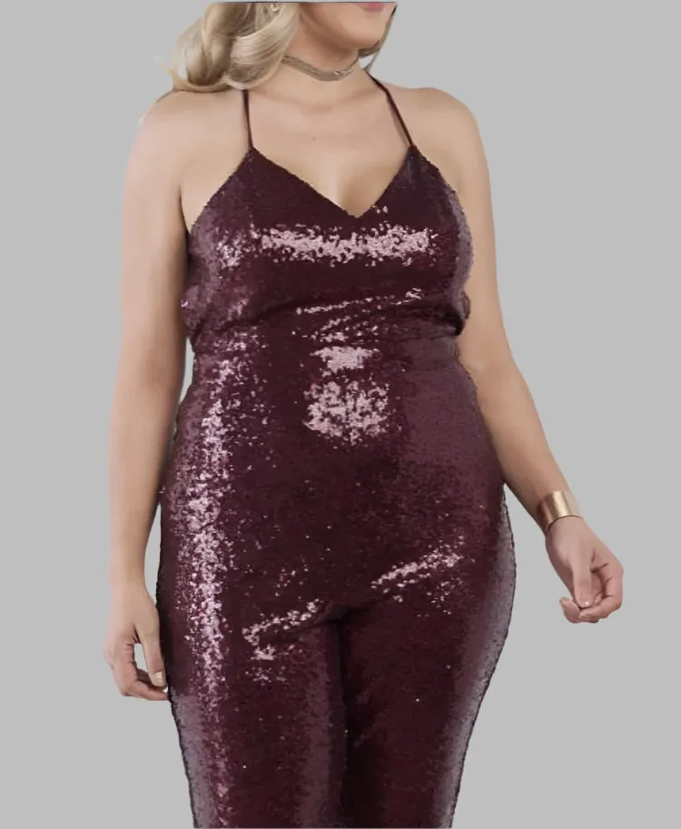 WOMEN "Glamorous Sequined Strapless Burgundy Jumpsuit"