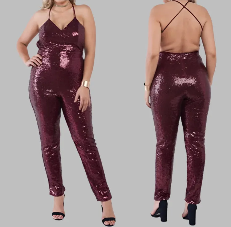 WOMEN "Glamorous Sequined Strapless Burgundy Jumpsuit"