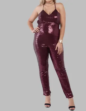 WOMEN "Glamorous Sequined Strapless Burgundy Jumpsuit"