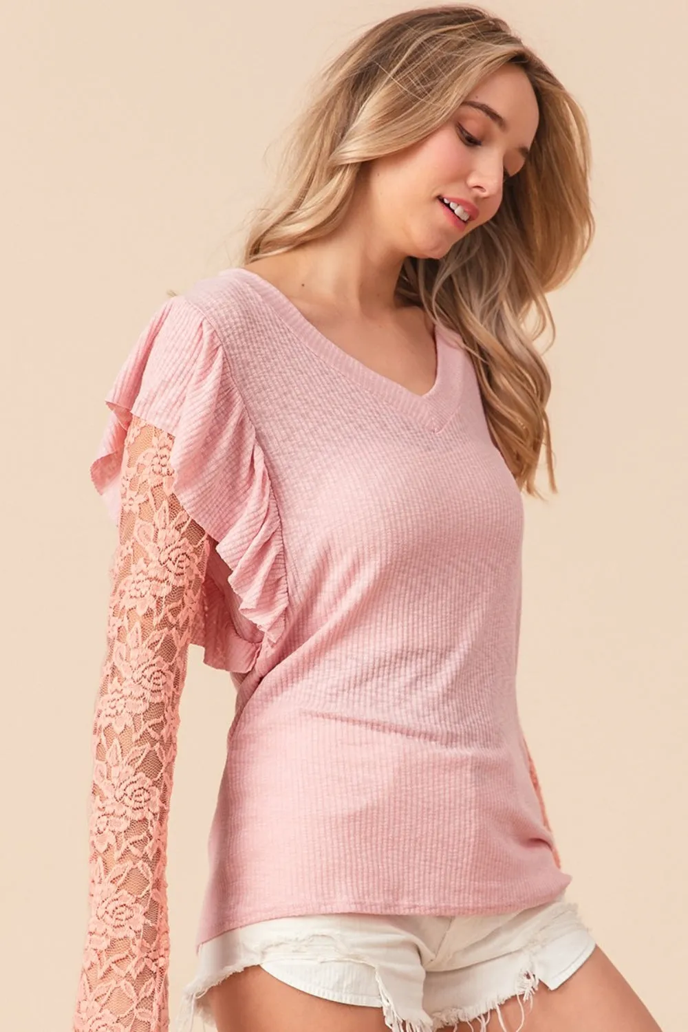 Women's BiBi Ruffled Lace Sleeve Rib Knit Top
