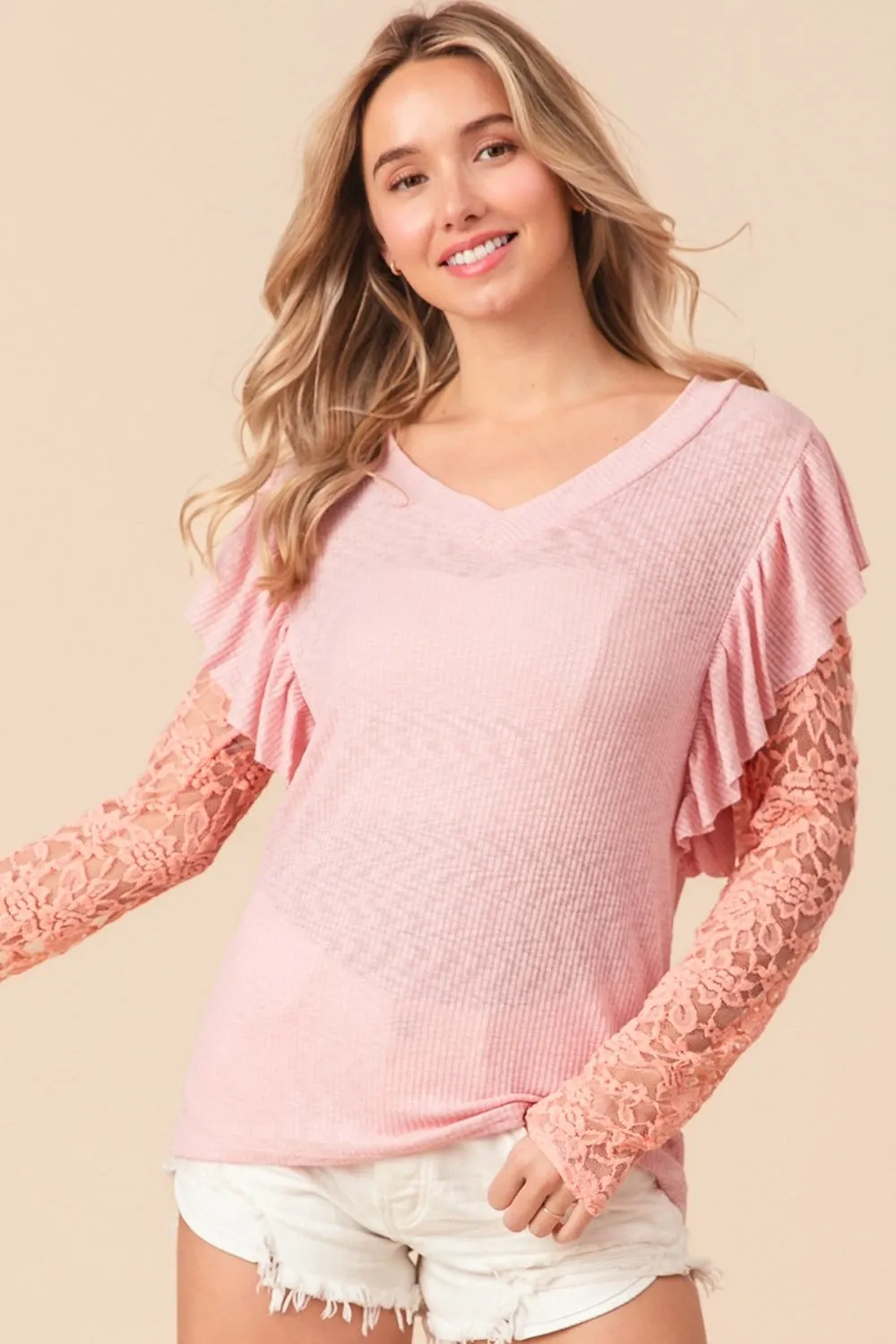 Women's BiBi Ruffled Lace Sleeve Rib Knit Top