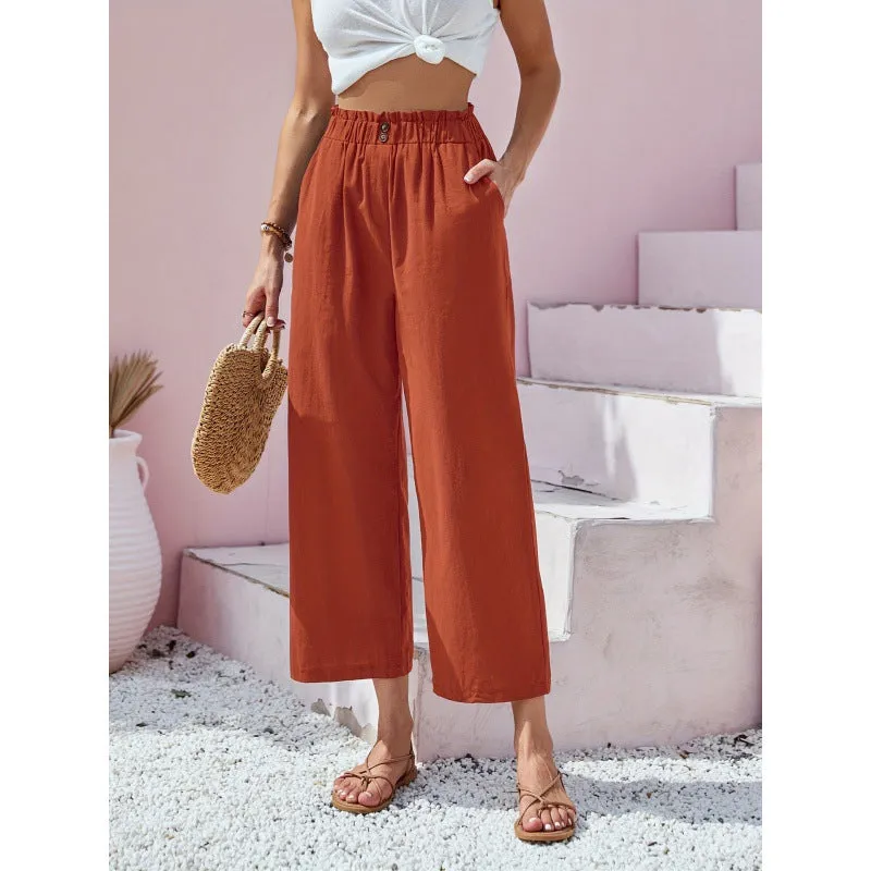 Women's High Waist Lotus Leaf Elastic Cotton Pants