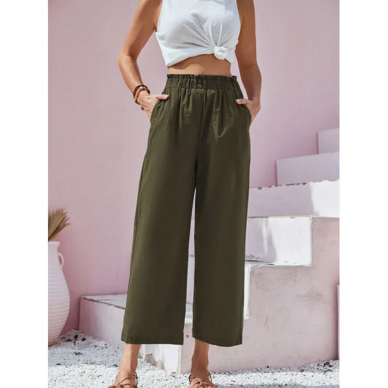 Women's High Waist Lotus Leaf Elastic Cotton Pants