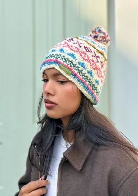 Woolen Blue and White Multicolored Sherpa Pom Pom Beanie