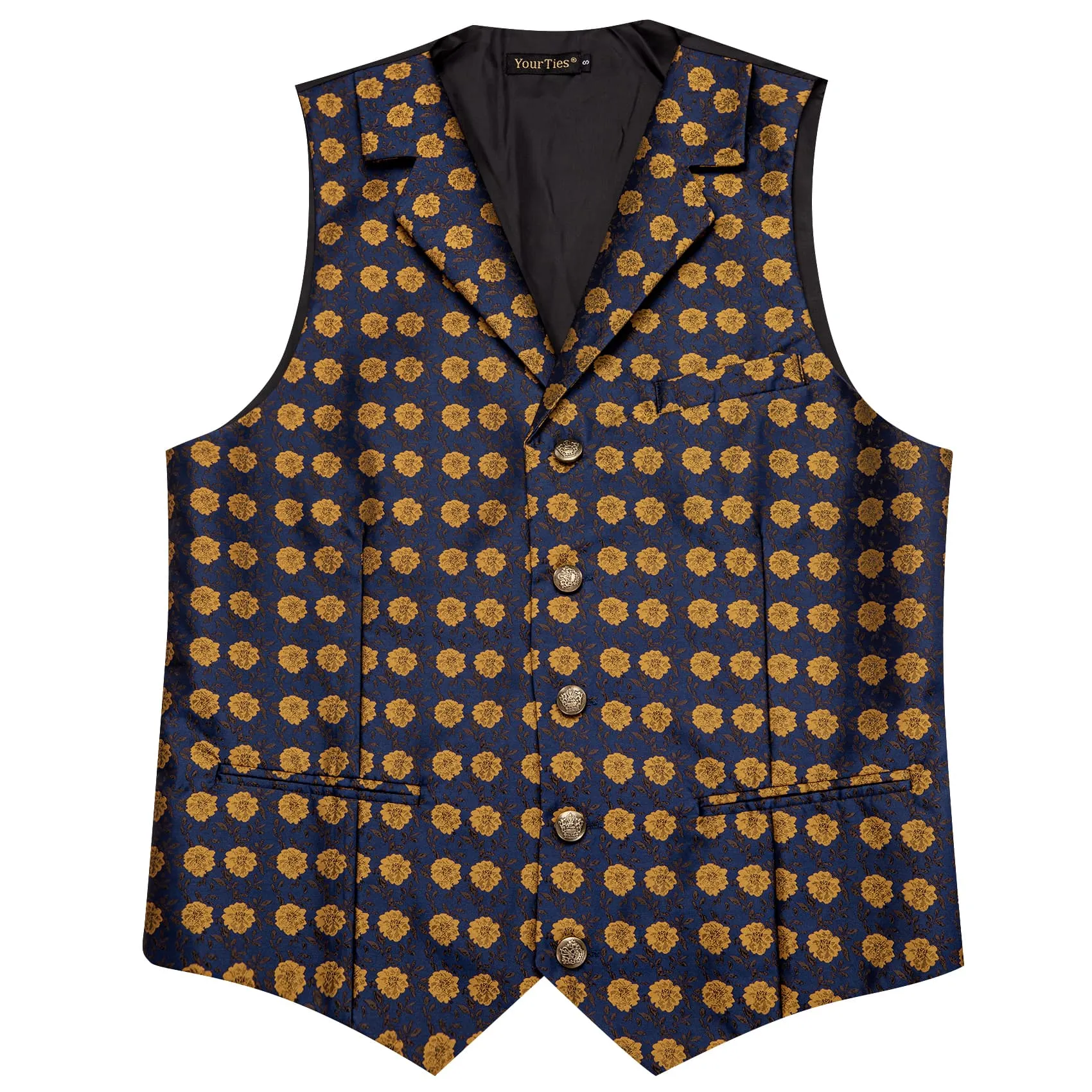 YourTies Deep Blue Wedding Waistcoat Yellow Floral Vest Necktie Set