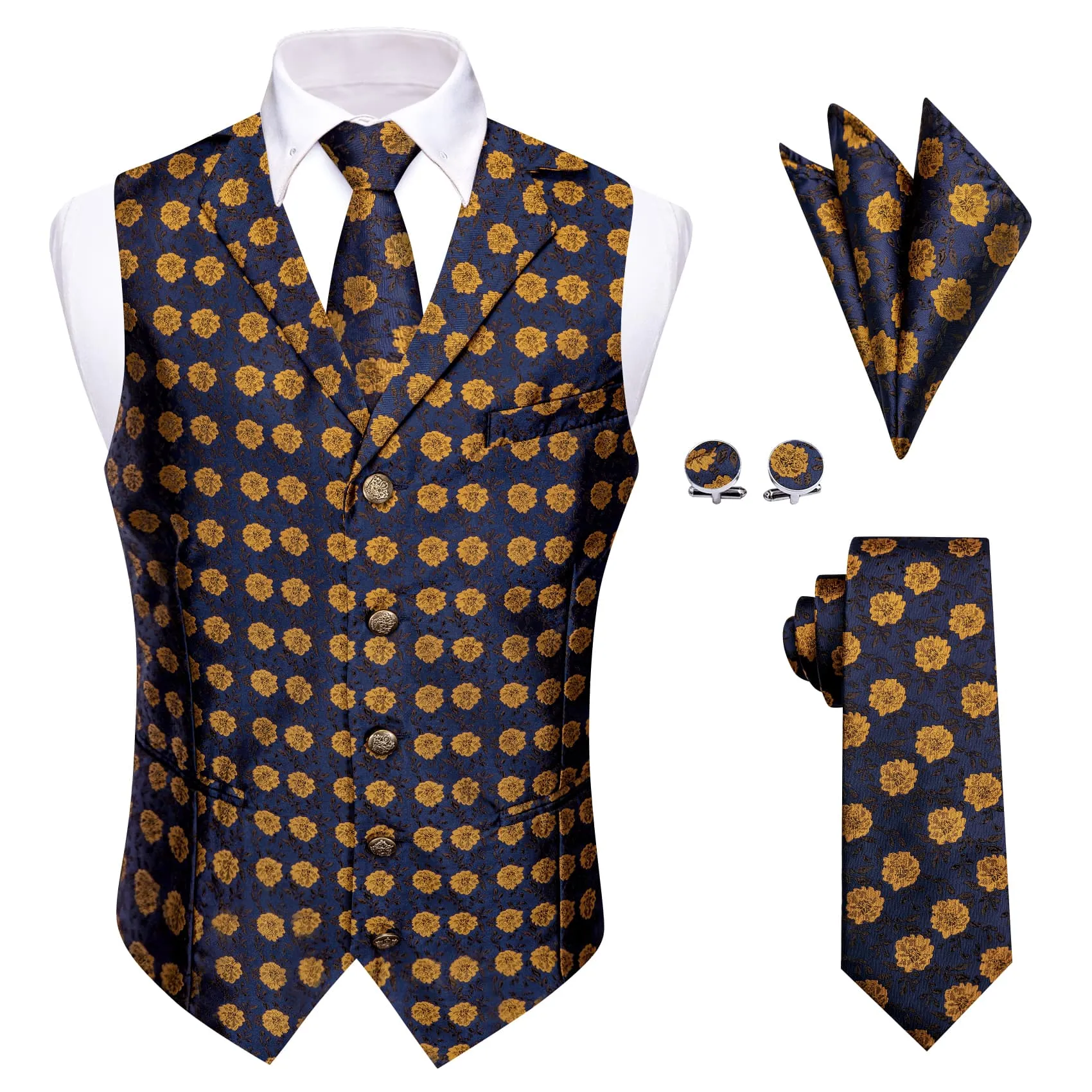YourTies Deep Blue Wedding Waistcoat Yellow Floral Vest Necktie Set