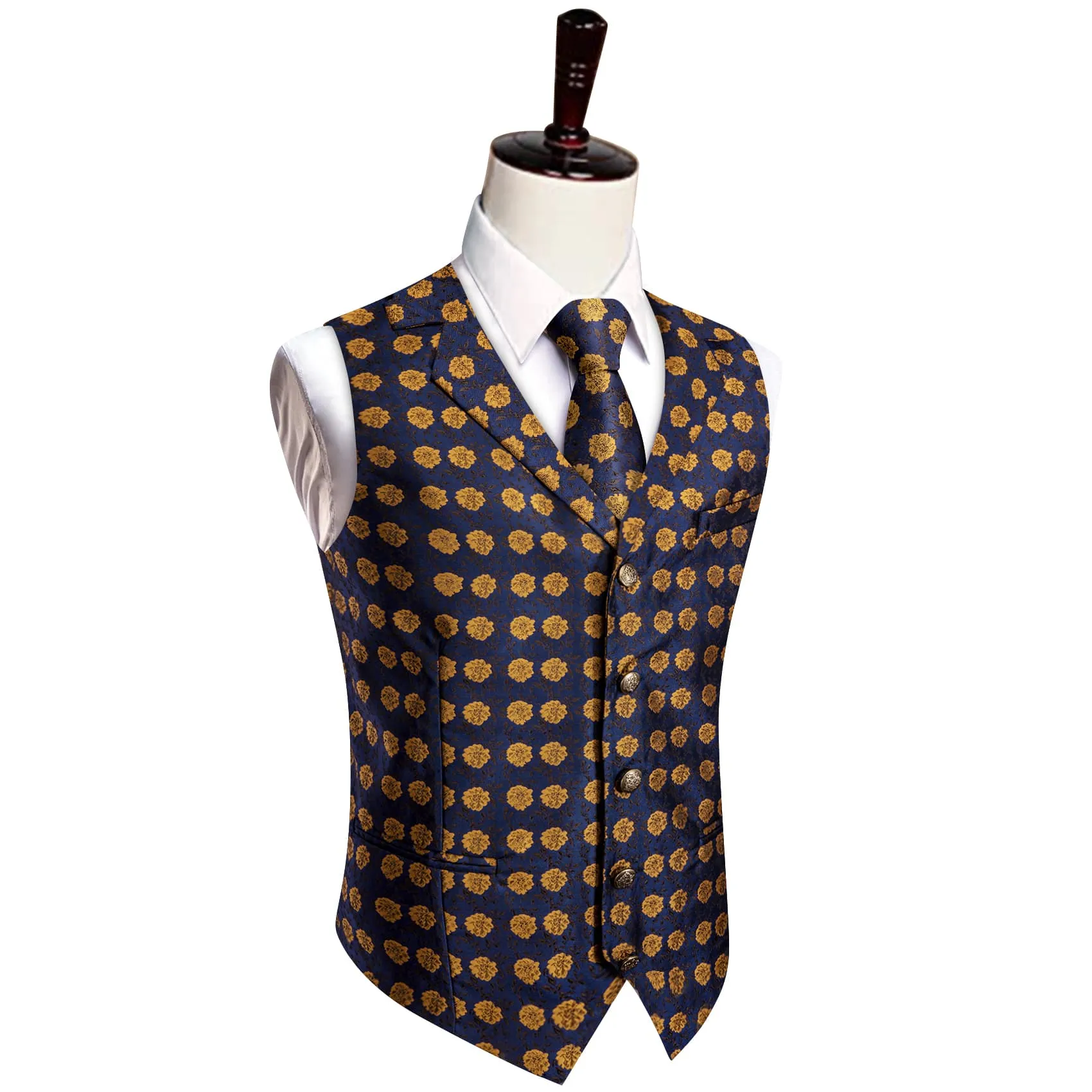 YourTies Deep Blue Wedding Waistcoat Yellow Floral Vest Necktie Set